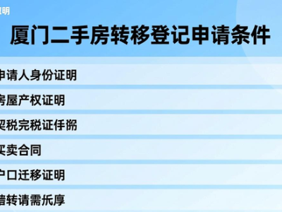 厦门二手房转移登记申请条件及各服务事项办理要求